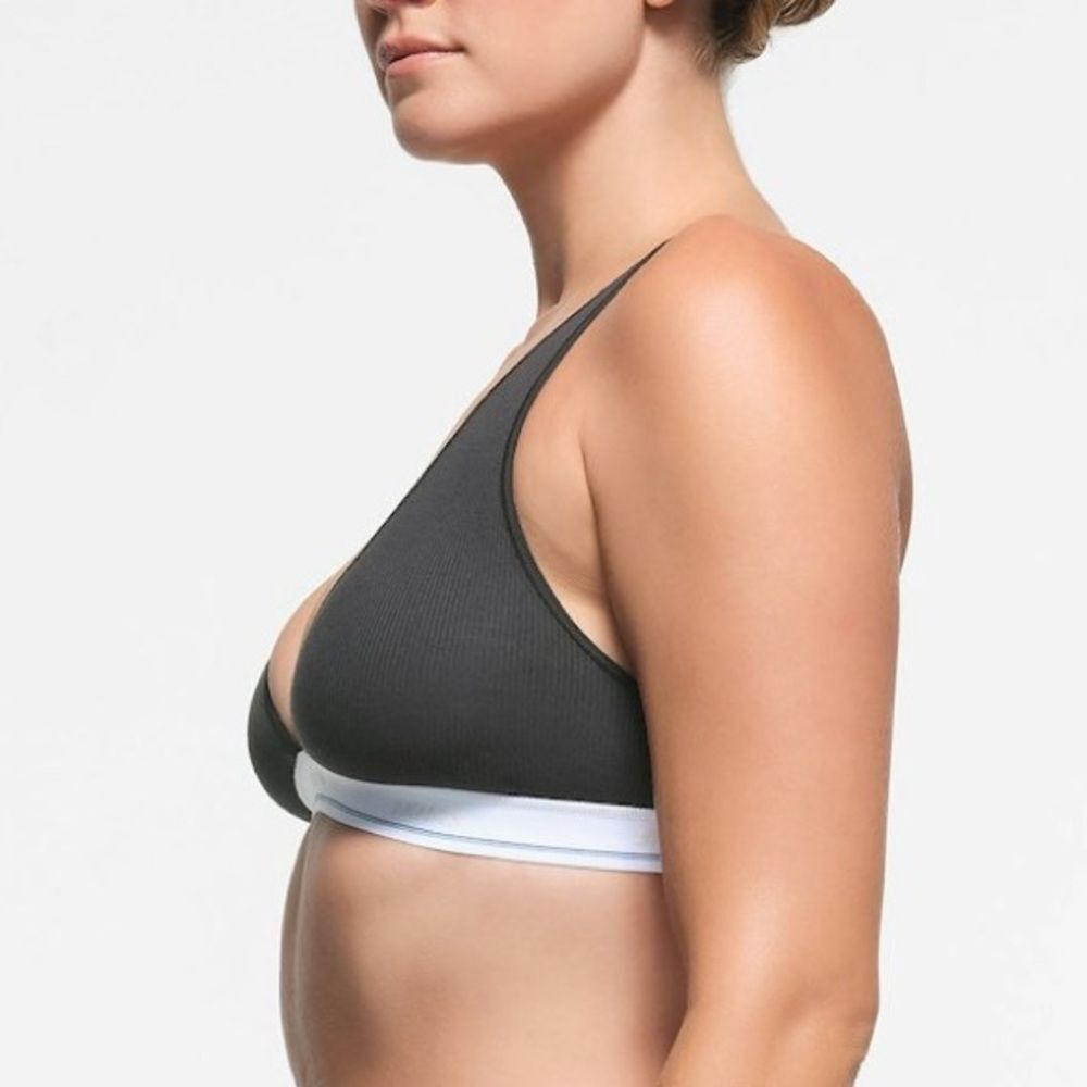 NWT SKIMS Cotton Rib Plunge Bralette Size 4X Sport Stripe Black White Logo Band - Picture 6 of 12